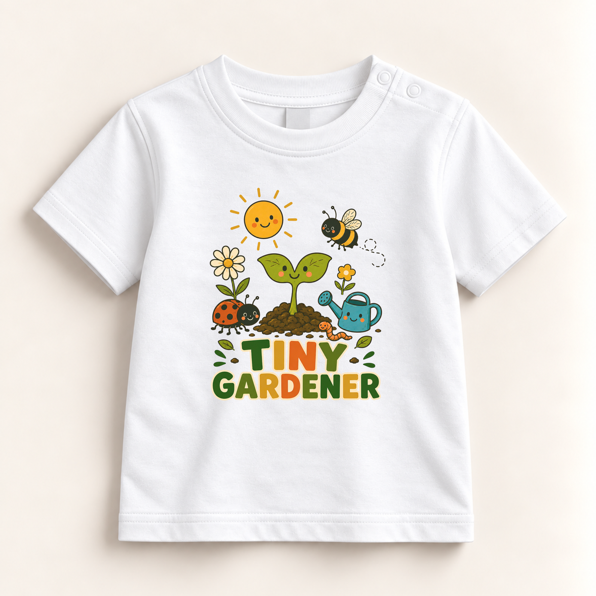 A white short-sleeve baby t-shirt with a colorful 'Tiny Gardener' graphic print on the front, displayed flat against a light beige background.